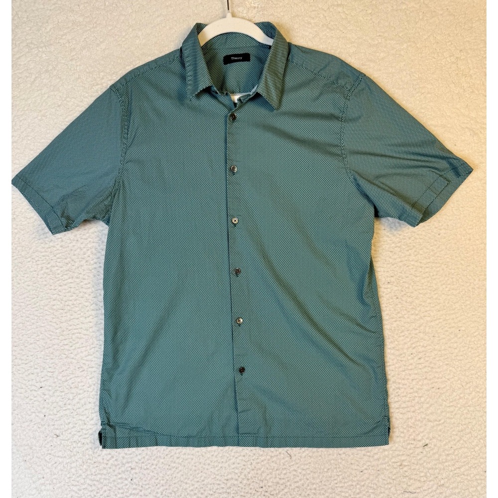Theory Shirt Mens XL Green Polka Dot Short Sleeve Button Up Irving Work